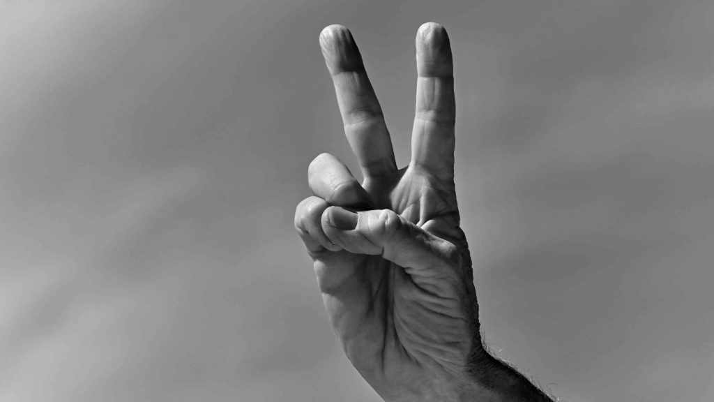 With the palm facing the reader. The first two fingers are raised with the thumb across the palm and holding the last two fingers. This is the hands signal that represents peace